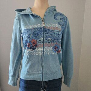 ROXY GIRL 10/12 blue full-zip sweater hoodie waves youth floral pattern cotton